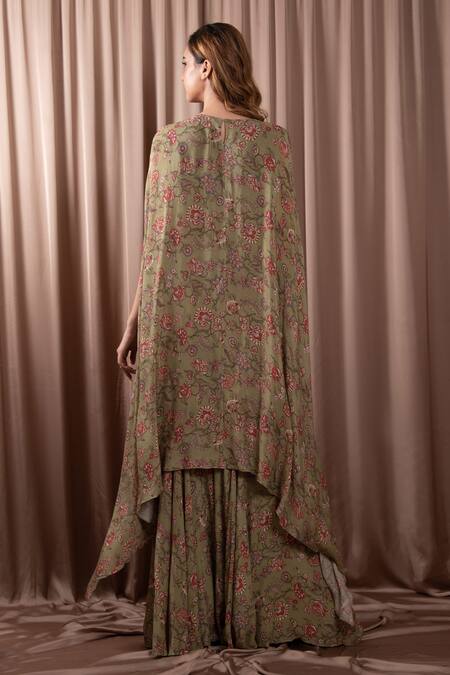 Vara By Vibha N Priti Vintage Fleur Print Asymmetric Cape Tunic With Sharara 