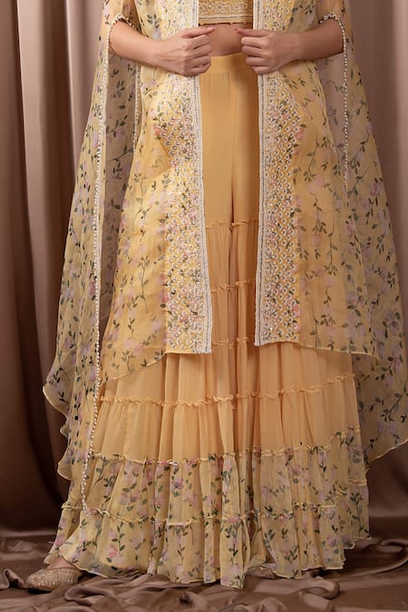 Vara By Vibha N Priti_Yellow Chiffon, Organza Bahar Print Embellished Asymmetric Cape Sharara Set _Online_at_Aza_Fashions