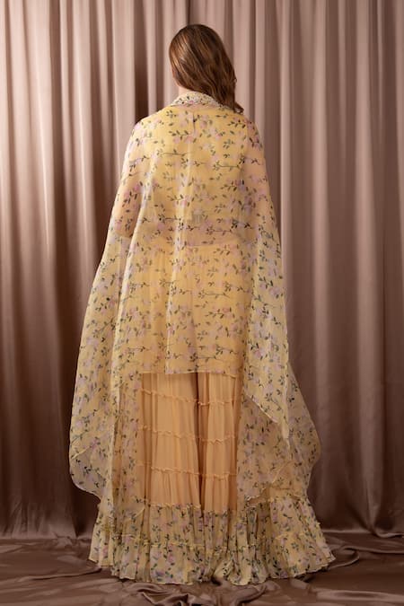 Vara By Vibha N Priti Bahar Print Embellished Asymmetric Cape Sharara Set 