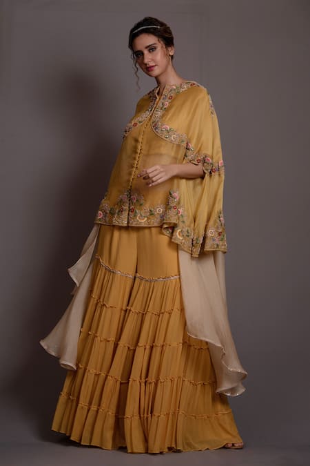 Buy_Vara By Vibha N Priti_Yellow Chiffon Embroidery Florence Panelled Sheer Cape Sharara Set _Online_at_Aza_Fashions