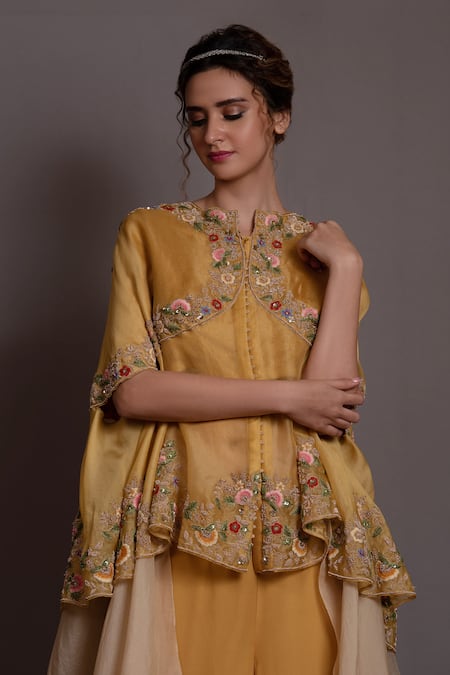 Shop_Vara By Vibha N Priti_Yellow Chiffon Embroidery Florence Panelled Sheer Cape Sharara Set _Online_at_Aza_Fashions