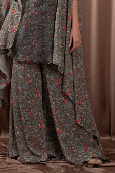 Vara By Vibha N Priti_Grey Chiffon Print Baroque Bloom Round Asymmetric Cape Tunic With Sharara _Online_at_Aza_Fashions