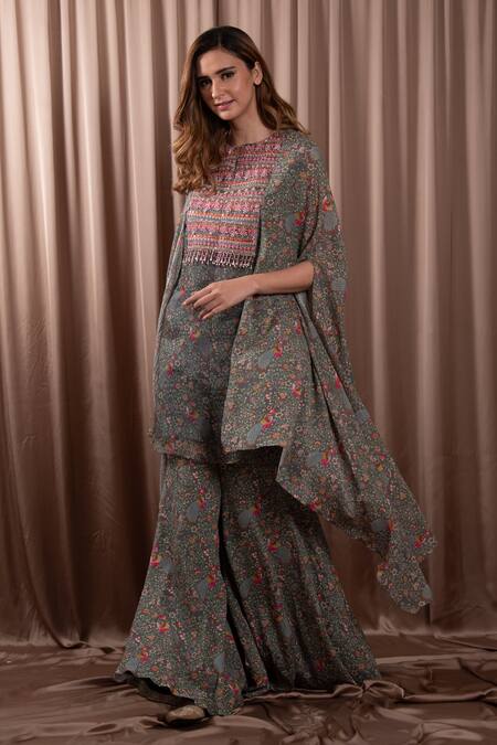 Buy_Vara By Vibha N Priti_Grey Chiffon Print Baroque Bloom Round Asymmetric Cape Tunic With Sharara _Online_at_Aza_Fashions