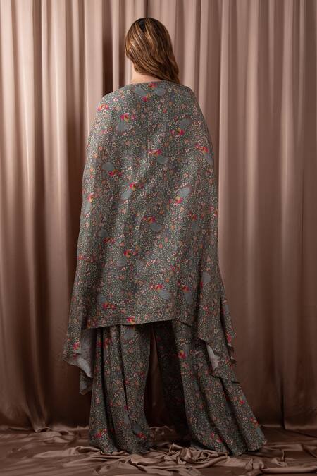 Vara By Vibha N Priti Baroque Bloom Print Asymmetric Cape Tunic With Sharara 