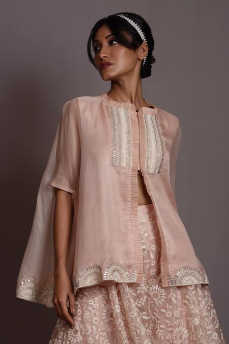 Vara By Vibha N Priti_Pink Organza Pearls, Embroidery Mandarin Bloom Rise Slit Tunic With Sharara _Online_at_Aza_Fashions