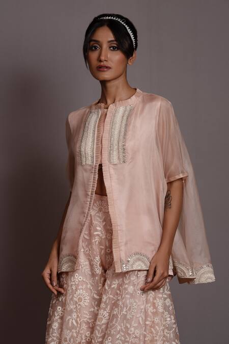 Buy_Vara By Vibha N Priti_Pink Organza Pearls, Embroidery Mandarin Bloom Rise Slit Tunic With Sharara _Online_at_Aza_Fashions
