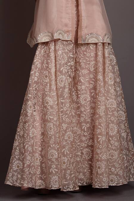 Shop_Vara By Vibha N Priti_Pink Organza Pearls, Embroidery Mandarin Bloom Rise Slit Tunic With Sharara _Online_at_Aza_Fashions