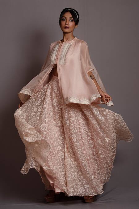 Vara By Vibha N Priti_Pink Organza Pearls, Embroidery Mandarin Bloom Rise Slit Tunic With Sharara _at_Aza_Fashions