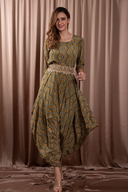 Vara By Vibha N Priti_Green Silk Embroidery Round Synodic Sphere Print Cowl Draped Jumpsuit With Belt _Online_at_Aza_Fashions