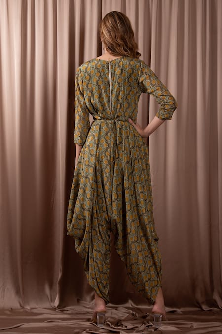 Vara By Vibha N Priti Synodic Sphere Print Cowl Draped Jumpsuit With Belt 