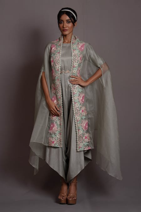 Vara by Vibha n Priti Blossom Embroidered Organza Cape Asymmetric Jumpsuit Set 