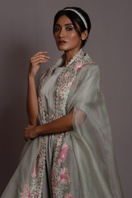 Vara By Vibha N Priti_Green Organza Embroidery Blossom Open Neck Cape Asymmetric Jumpsuit Set _Online_at_Aza_Fashions