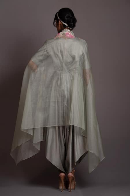 Vara By Vibha N Priti Blossom Embroidered Organza Cape Asymmetric Jumpsuit Set 