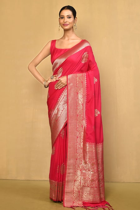 Nazaakat by Samara Singh Red Saree Handloom Cotton Georgette Nylon Woven Zari Blossom With Blouse