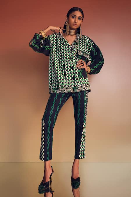 AK-OK Multi Color Silk Print Chevron And Smear Oversized Jacket With Pant  