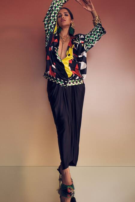 AK-OK_Multi Color Silk Collared Quirky Mosaic Print Oversized Jacket _Online_at_Aza_Fashions