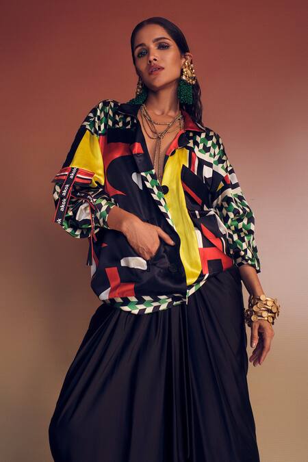 Buy_AK-OK_Multi Color Silk Collared Quirky Mosaic Print Oversized Jacket _Online_at_Aza_Fashions
