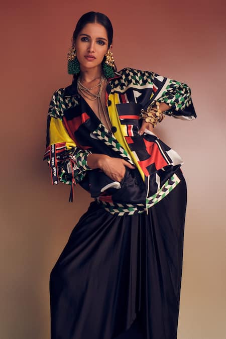 Shop_AK-OK_Multi Color Silk Collared Quirky Mosaic Print Oversized Jacket _Online_at_Aza_Fashions