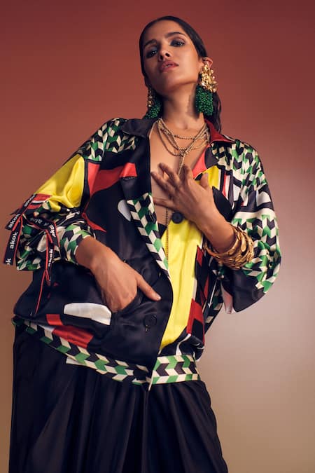AK-OK_Multi Color Silk Collared Quirky Mosaic Print Oversized Jacket _at_Aza_Fashions