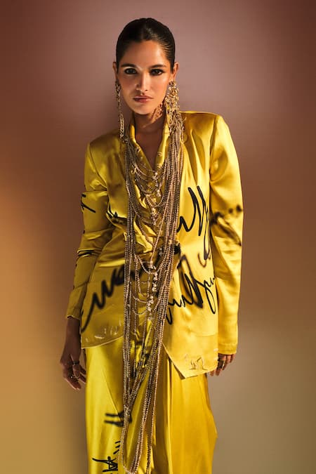 AK-OK_Yellow Silk Text Art Print Blazer With Pick Up High Low Skirt _Online_at_Aza_Fashions