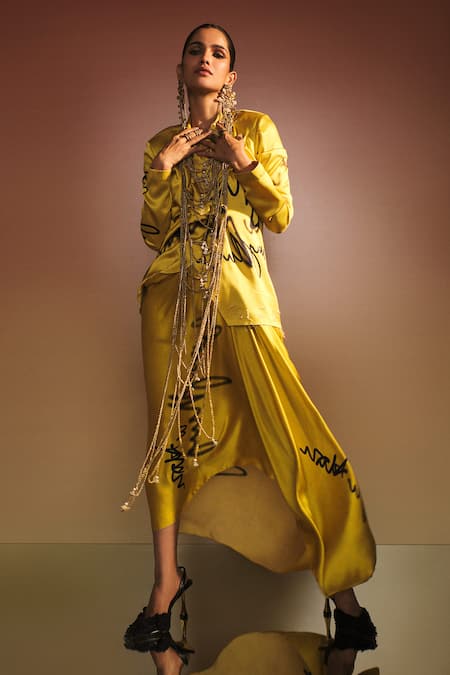Buy_AK-OK_Yellow Silk Text Art Print Blazer With Pick Up High Low Skirt _Online_at_Aza_Fashions