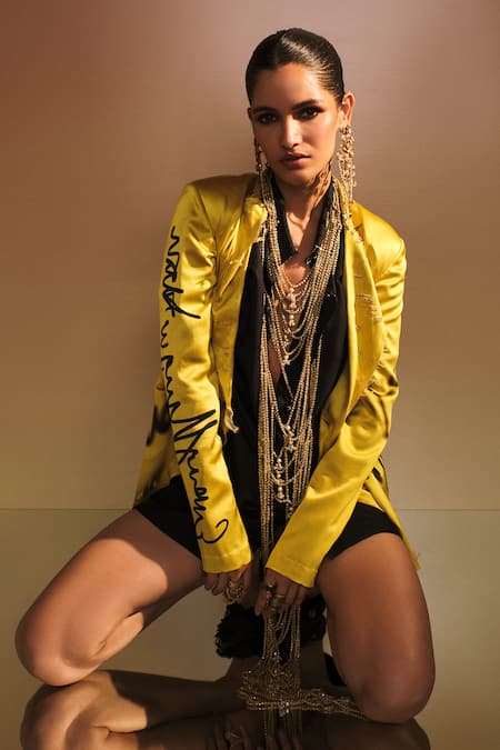 Shop_AK-OK_Yellow Silk Text Art Print Blazer With Pick Up High Low Skirt _Online_at_Aza_Fashions