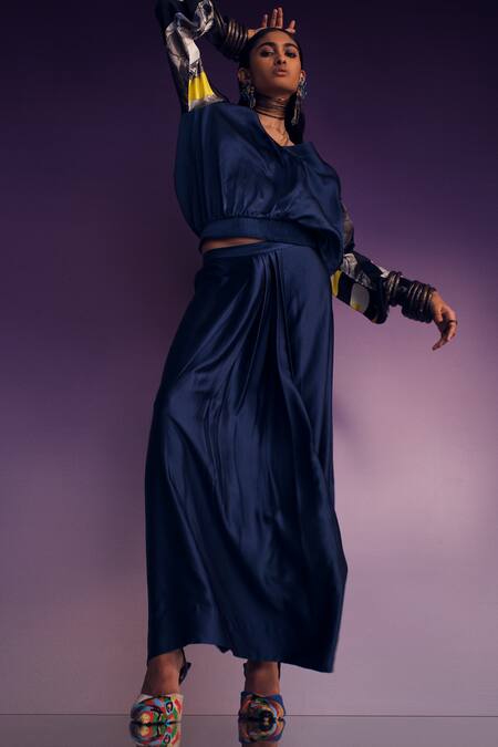 AK-OK_Blue Silk V-neck Abstract Sleeves Print Crop Top With Draped Skirt _Online_at_Aza_Fashions