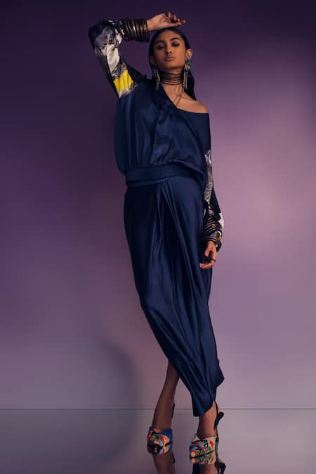 Buy_AK-OK_Blue Silk V-neck Abstract Sleeves Print Crop Top With Draped Skirt _Online_at_Aza_Fashions