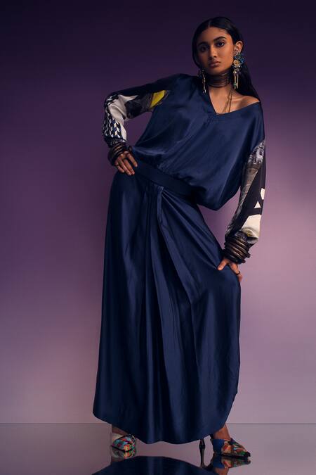Shop_AK-OK_Blue Silk V-neck Abstract Sleeves Print Crop Top With Draped Skirt _Online_at_Aza_Fashions