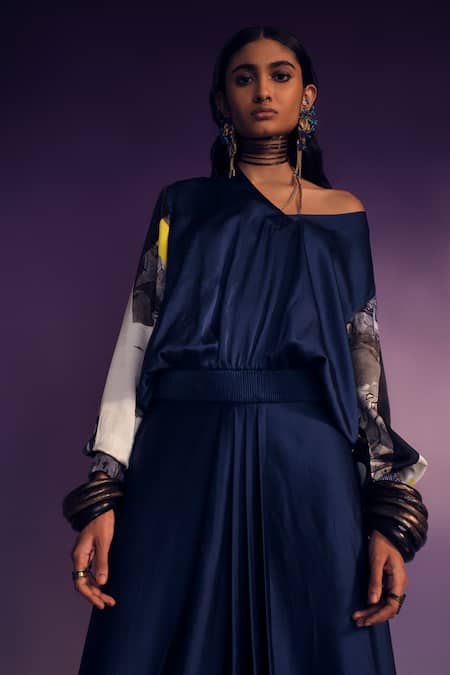 AK-OK_Blue Silk V-neck Abstract Sleeves Print Crop Top With Draped Skirt _at_Aza_Fashions