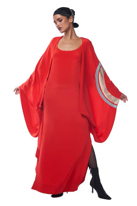 AK-OK Synodic Arc Print Cape With Plain Maxi Dress 