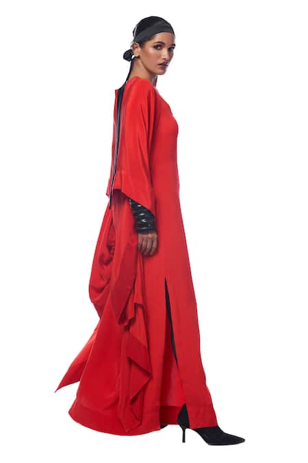 Buy_AK-OK_Red Silk Round Neck Synodic Arc Print Cape With Plain Maxi Dress _Online_at_Aza_Fashions