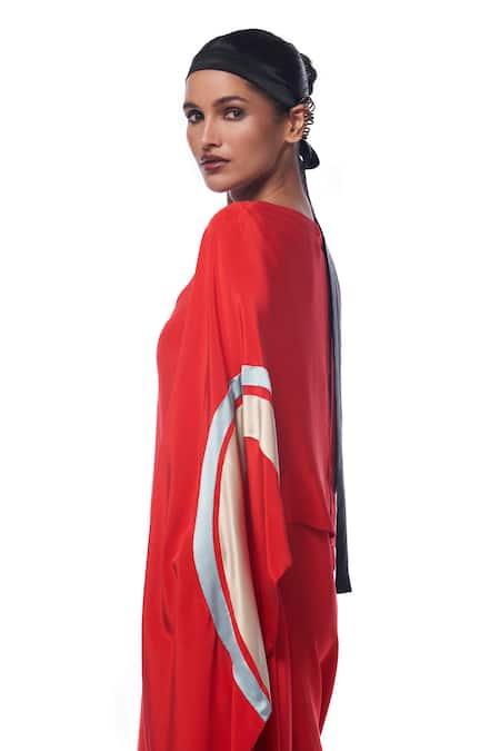 Shop_AK-OK_Red Silk Round Neck Synodic Arc Print Cape With Plain Maxi Dress _Online_at_Aza_Fashions