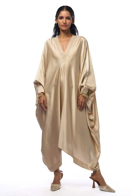 AK-OK Cream Silk Plain V Neck Side Tape Panel Asymmetric Kaftan  