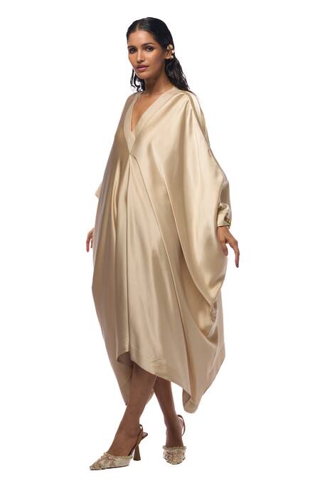 AK-OK_Cream Silk V-neck Side Tape Panel Asymmetric Kaftan _Online_at_Aza_Fashions
