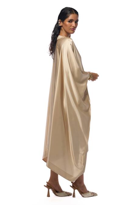 Buy_AK-OK_Cream Silk V-neck Side Tape Panel Asymmetric Kaftan _Online_at_Aza_Fashions