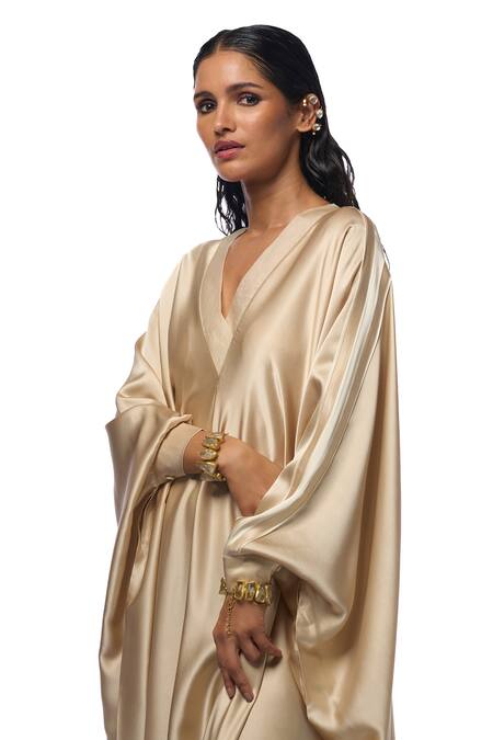 Shop_AK-OK_Cream Silk V-neck Side Tape Panel Asymmetric Kaftan _Online_at_Aza_Fashions