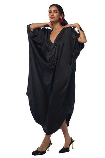 AK-OK_Black Silk Beads V-neck Plumeria Embellished Yoke Kaftan_Online_at_Aza_Fashions
