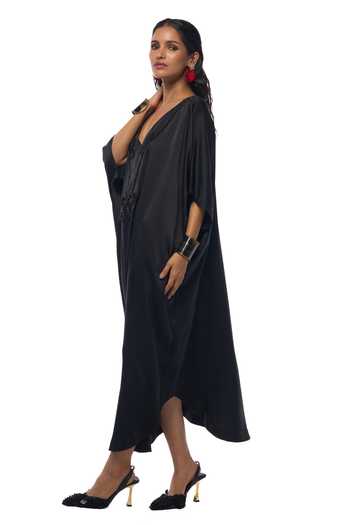 Buy_AK-OK_Black Silk Beads V-neck Plumeria Embellished Yoke Kaftan_Online_at_Aza_Fashions