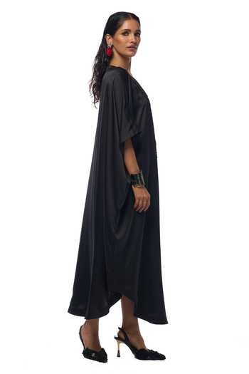 Shop_AK-OK_Black Silk Beads V-neck Plumeria Embellished Yoke Kaftan_Online_at_Aza_Fashions