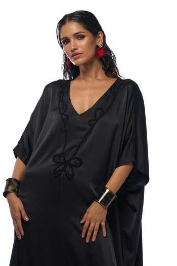 AK-OK_Black Silk Beads V-neck Plumeria Embellished Yoke Kaftan_at_Aza_Fashions