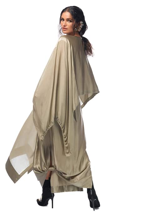 Shop AK-OK Grey Silk Florid Bloom Patch Work Cape With Lungi Skirt at Aza Fashions Shop_AK-OK_Grey Silk Florid Bloom Patch Work Cape With Lungi Skirt _at_Aza_Fashions