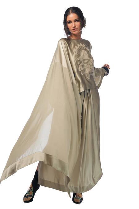 AK-OK Grey Silk Florid Bloom Patch Work Cape With Lungi Skirt Online at Aza Fashions AK-OK_Grey Silk Florid Bloom Patch Work Cape With Lungi Skirt _Online_at_Aza_Fashions