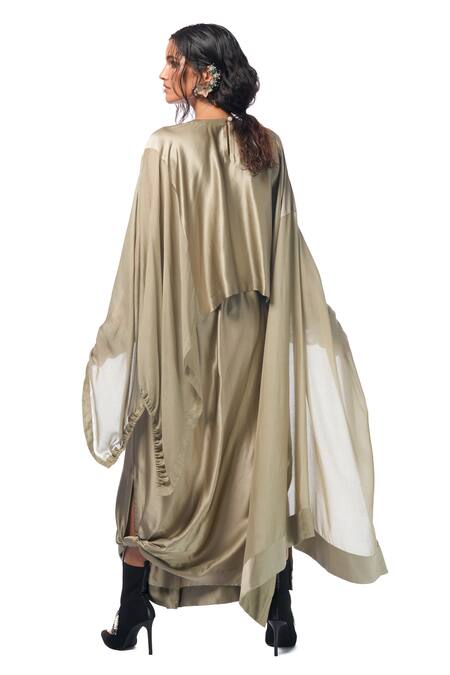 Shop AK-OK Grey Silk Florid Bloom Patch Work Cape With Lungi Skirt Online at Aza Fashions Shop_AK-OK_Grey Silk Florid Bloom Patch Work Cape With Lungi Skirt _Online_at_Aza_Fashions