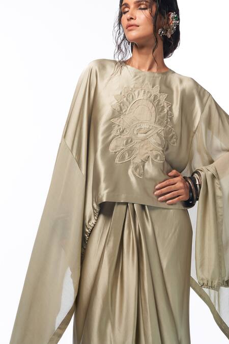 AK-OK Grey Silk Florid Bloom Patch Work Cape With Lungi Skirt at Aza Fashions AK-OK_Grey Silk Florid Bloom Patch Work Cape With Lungi Skirt _at_Aza_Fashions