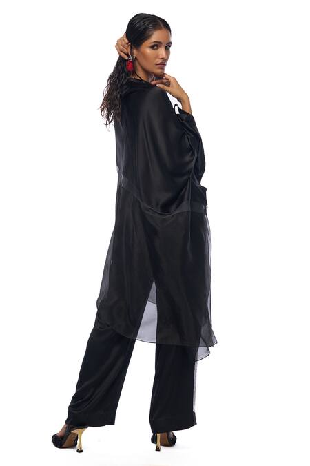 AK-OK Black Silk Mesh Panel Cape With Trouser Online at Aza Fashions AK-OK_Black Silk Mesh Panel Cape With Trouser _Online_at_Aza_Fashions