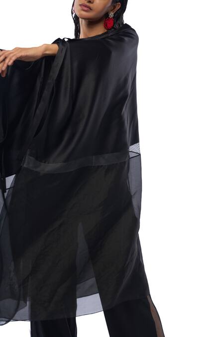 Shop AK-OK Black Silk Mesh Panel Cape With Trouser Online at Aza Fashions Shop_AK-OK_Black Silk Mesh Panel Cape With Trouser _Online_at_Aza_Fashions