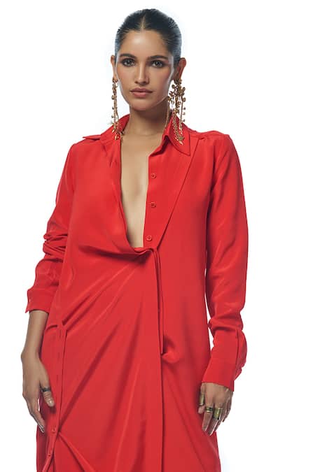 AK-OK_Red Silk Collared Plain Buttoned Panel Long Shirt Jacket With Trouser _Online_at_Aza_Fashions