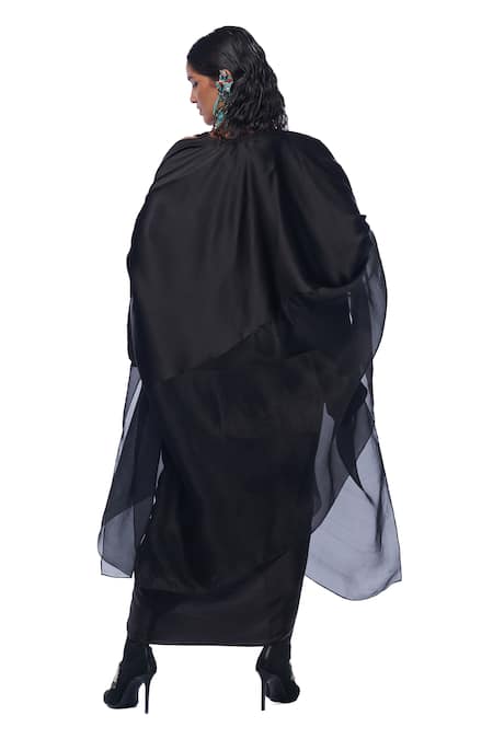 Shop AK-OK Black Silk Fringe, Beads Round Abstract Patch Work Crop Top Knotted Skirt Set at Aza Fashions Shop_AK-OK_Black Silk Fringe, Beads Round Abstract Patch Work Crop Top Knotted Skirt Set _at_Aza_Fashions