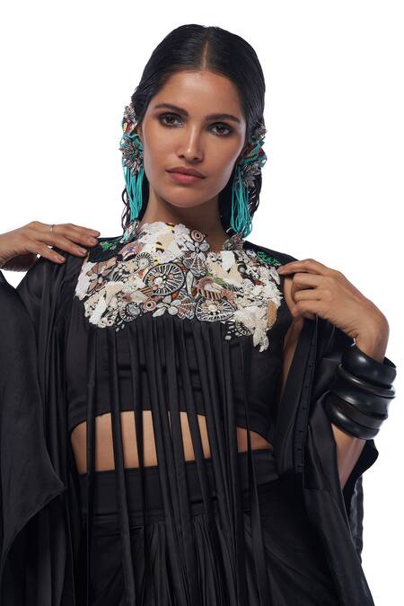 AK-OK Black Silk Fringe, Beads Round Abstract Patch Work Crop Top Knotted Skirt Set Online at Aza Fashions AK-OK_Black Silk Fringe, Beads Round Abstract Patch Work Crop Top Knotted Skirt Set _Online_at_Aza_Fashions